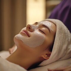 Serene Spa Facial: Woman with Creamy Mask, Soft Lighting