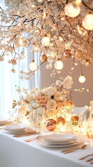 Poster -   Tablecloth-covered table with white flowers and chandelier hanging lights