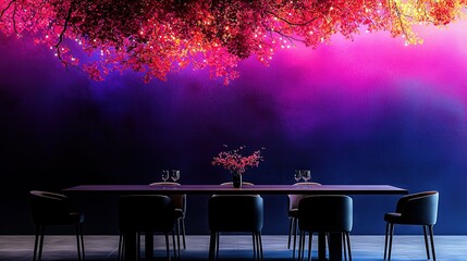 Poster -  A table with four chairs and a flower vase Purple and pink background