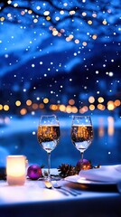 Poster -   A pair of wine glasses resting on a table near a white plate and a lit candle