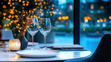 Poster -   Two wine glasses on a table beside a window with a lit Christmas tree in the background