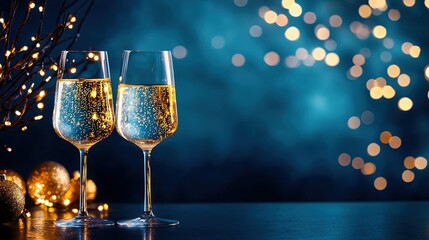 Poster -  Two glasses of champagne on a table in front of a Christmas tree with lights and baubles in the background