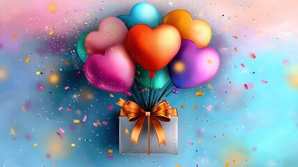 Wall Mural -   A box of heart-shaped balloons on a blue background with a bow and confetti