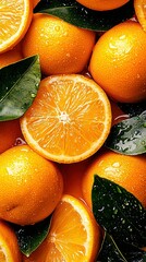 Wall Mural -   Oranges on top of leaves with water drops