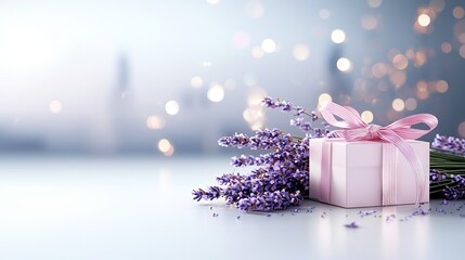 Wall Mural -   A pink present, adorned with ribbons and bows, rests beside purple blossoms on a white table