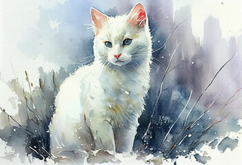 Wall Mural - white cat on a light background., watercolor painting ,  