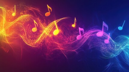 Aufkleber - Colorful 3D music notes flowing through vibrant waves in a dark background creating an energetic atmosphere. Generative AI