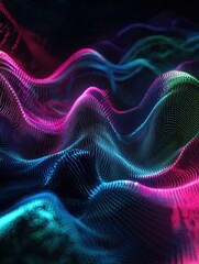 Poster - Colorful 3D pulsating light waves creating a vibrant neon glow against a dark background. Generative AI