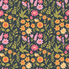 Fototapete - Botanical seamless pattern with wildflowers on dark green background