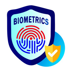 Sticker - A flat sticker of a shield with a fingerprint and a checkmark, symbolizing biometrics 