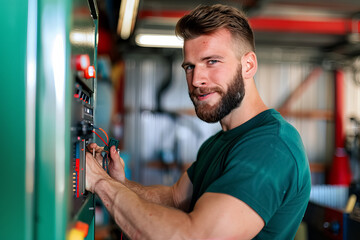 Wall Mural - A man with a beard is smiling while working on a machine