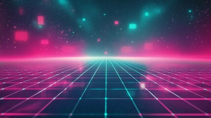 Poster - Vibrant gradient background with glowing grid and noise texture effects. Generative AI