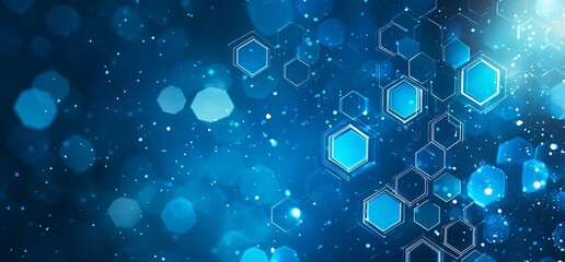 Poster - Abstract blue background with hexagonal patterns and soft bokeh effects.