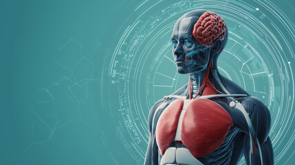 Poster - digital illustration of human anatomical model showcasing muscles, brain, and circulatory system against futuristic background with circular patterns