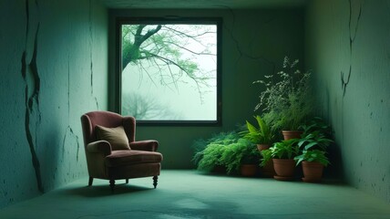 Poster - Chair is sitting in front of a window in a room with plants