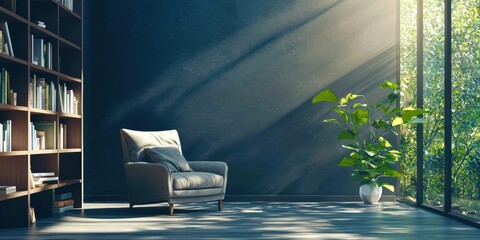 Poster - Living room with a chair and a potted plant