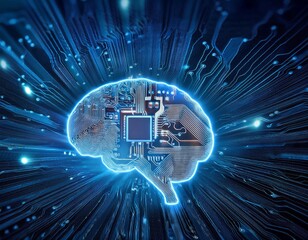 Poster - intricate circuit board with illuminated brain symbol representing artificial intelligence technolog