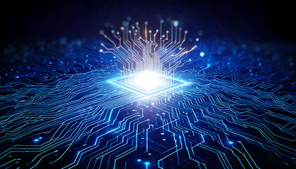 Poster - Stunning abstract image of a glowing circuit board, perfect for tech, AI, and data-related projects.  The vibrant blue hues and dynamic design convey innovation and speed.