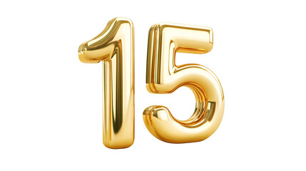 Leinwandbilder - Number fifteen made of inflatable gold balloons is floating on a transparent background, ideal for fifteenth birthday or anniversary