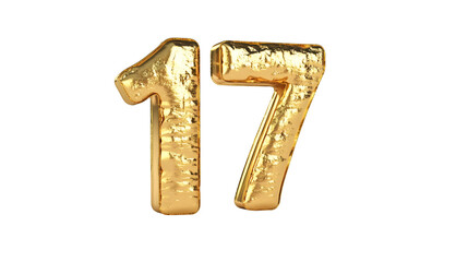 Poster - Golden number 17 gleaming, crumpled surface casting distinctive shadows, symbolizing luxury on transparent backdrop