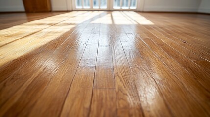 Poster - A polished wooden floor reflecting sunlight in a bright room.