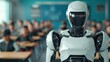 © อัญชลี เวียงสมุทร - A photorealistic image of a robotic teacher interacting with students in a classroom, providing personalized instruction and support.