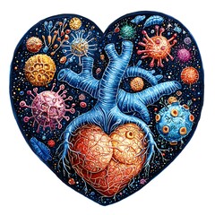 Canvas Print - Heart-Shaped Artistic Representation of Viruses and Cells, a Colorful Microscopic Illustration.