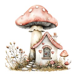 Wall Mural - Watercolor illustration of a whimsical mushroom house with a charming stone pathway, surrounded by delicate wildflowers and smaller mushrooms.