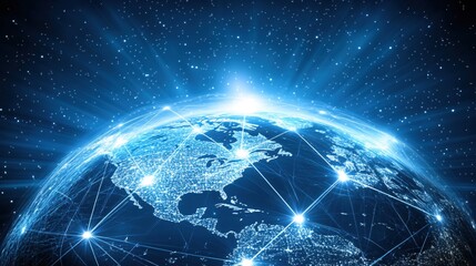 Poster - vibrant digital connection over planet earth with stars and light rays in background