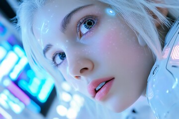 Poster - A close-up of a futuristic humanoid with digital features.