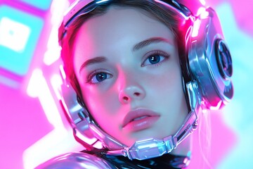 Poster - A futuristic portrait of a person wearing a high-tech headset.