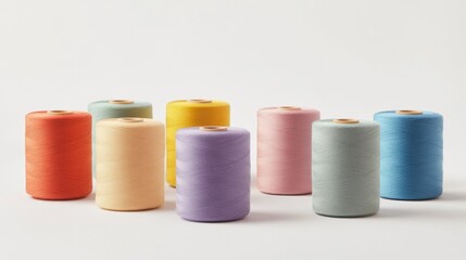 Wall Mural - 36.A series of colorful sewing thread spools, isolated on a pristine white background, each wrapped in smooth, industrial-quality yarns, ranging from pastel shades to deep tones, perfect for textile