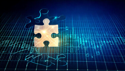 Poster - Stunning abstract image of a glowing puzzle piece on a digital grid background. Perfect for concepts of solutions, technology, innovation, and connection.