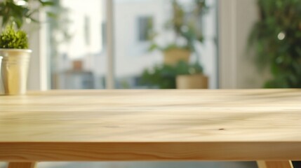 Poster - A wooden table with plants in a bright, modern indoor setting.