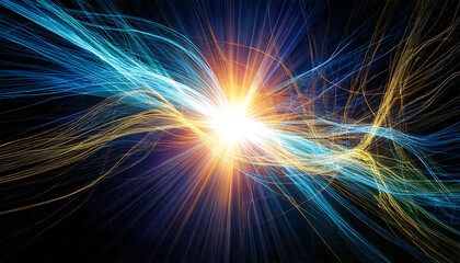 Poster - Dynamic abstract artwork featuring vibrant blue and gold light trails converging at a radiant center.