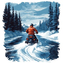 Wall Mural - A lone ATV rider traverses a snowy river path through a winter wonderland, mountains in the distance.