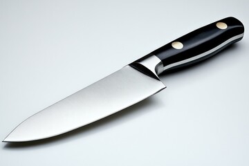 A sleek kitchen knife with a polished blade and a black handle, designed for food preparation.