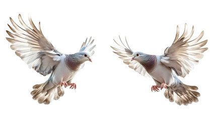 Poster - Two pigeons with open wings flying on transparent background, perfect for photo manipulations
