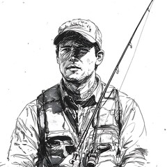 Wall Mural - Pen and Ink Drawing of a Fly Fisherman with His Rod.