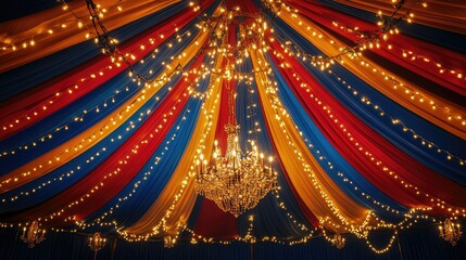 Aufkleber - A mesmerizing backdrop of colorful circus cloth with glowing chandelier lights, perfect for whimsical designs.