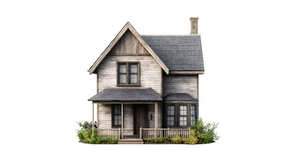 Poster - Wooden farmhouse featuring covered porch, landscaped greenery, architectural rendering ready, transparent PNG background