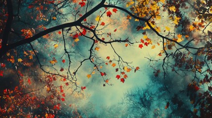114.low viewpoint of autumn trees draped in thick fog in a spanish forest, with colorful leaves and 