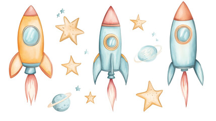 Aufkleber - Watercolor rockets, planets, and stars launching into space, featuring a transparent background, perfect for baby shower or birthday invitations