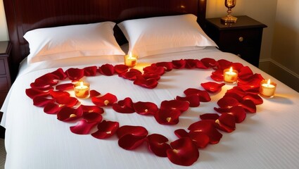 Poster - Romantic Bed Setup with Rose Petals and Candles for Celebration