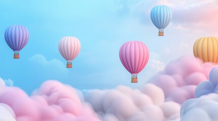  A dreamy sky filled with soft pastel clouds and colorful hot air balloons floating gracefully