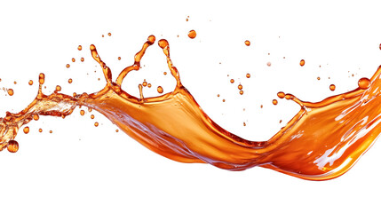 Fototapete - Orange liquid dynamically splashing, generating energetic droplets, representing vivid citrus beverage freshness on transparent surface