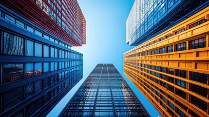 Poster - Skyscrapers viewed from below against a clear sky.