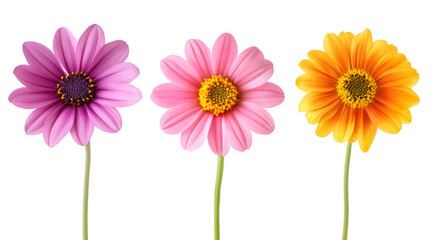 Poster - Colorful daisy petals spreading in vivid purple, pink, orange, standing against transparent backdrop with slender stems