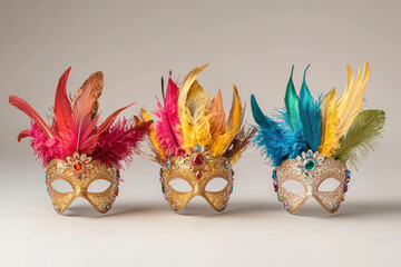 Vibrant Mardi Gras masks with feathers and jewels displayed