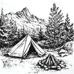 Wall Mural - Ink Drawing of a Campsite in the Mountains with a Tent and Campfire.